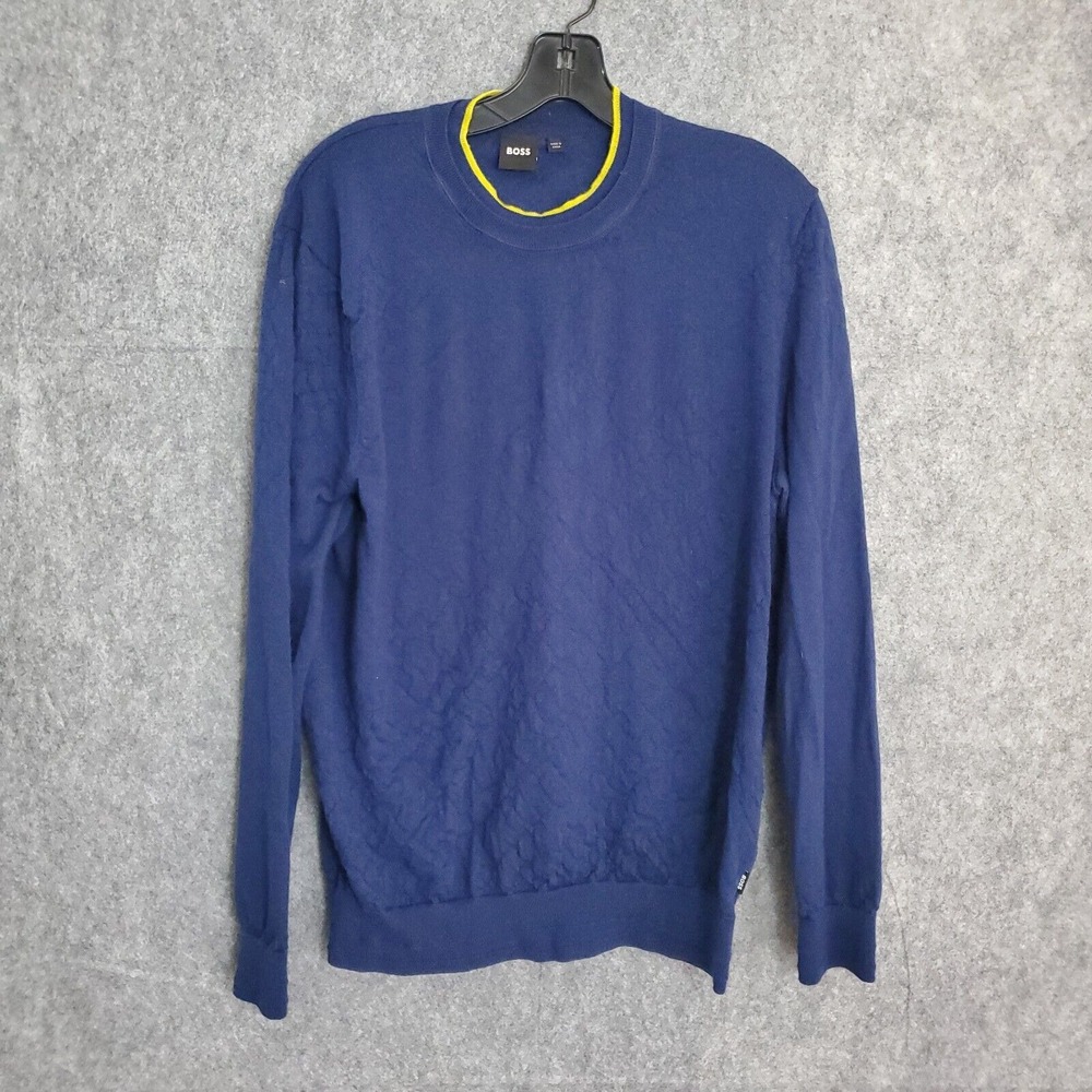 Hugo Boss Sweater Mens XL Blue Extra Fine Merino Wool Slim Fit Crewneck Pullover